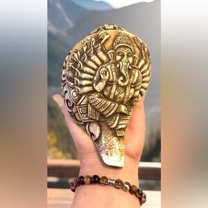 Vintage Hand Carved Lord Maha Ganesha Ritual Blow Horn,Conch Shell,Trumpet 6”in